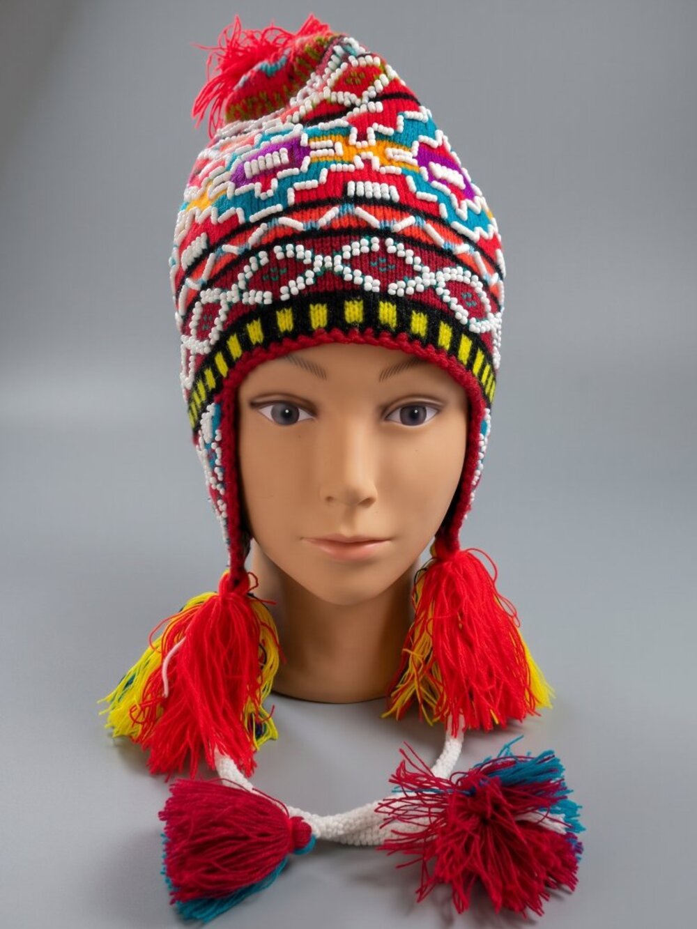 Andean Wool Chullo Hat with Beadwork and Rainbow Pom-poms